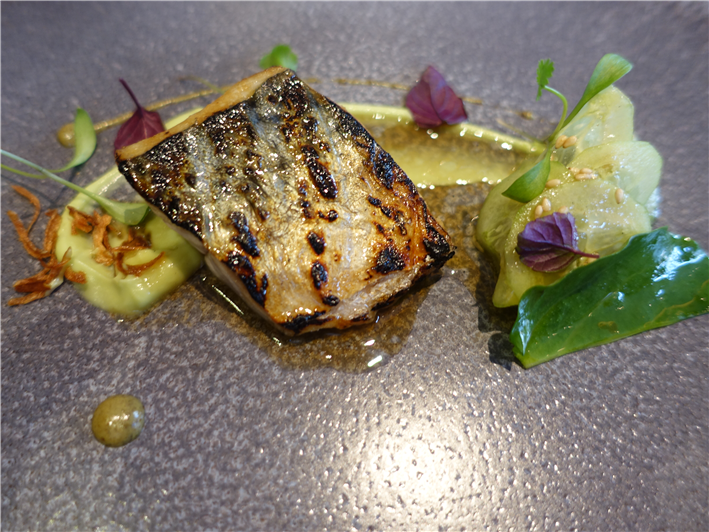 flame grilled mackerel with shiso